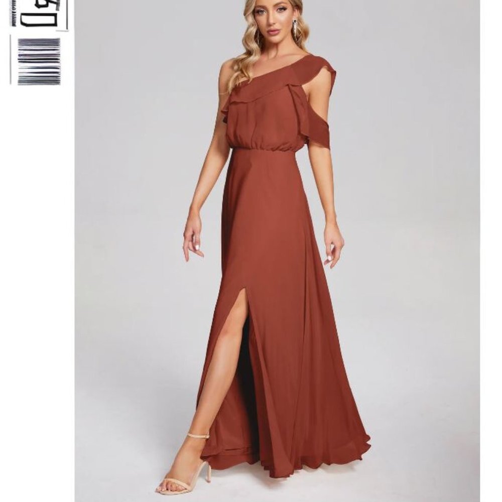 Paislee One Shoulder Ruffles Chiffon Bridesmaid Dress - Rust